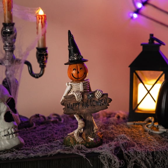 Northlight Jack-O-Lantern Skeleton in Witch's Hat and Happy Halloween Sign - 9.5"