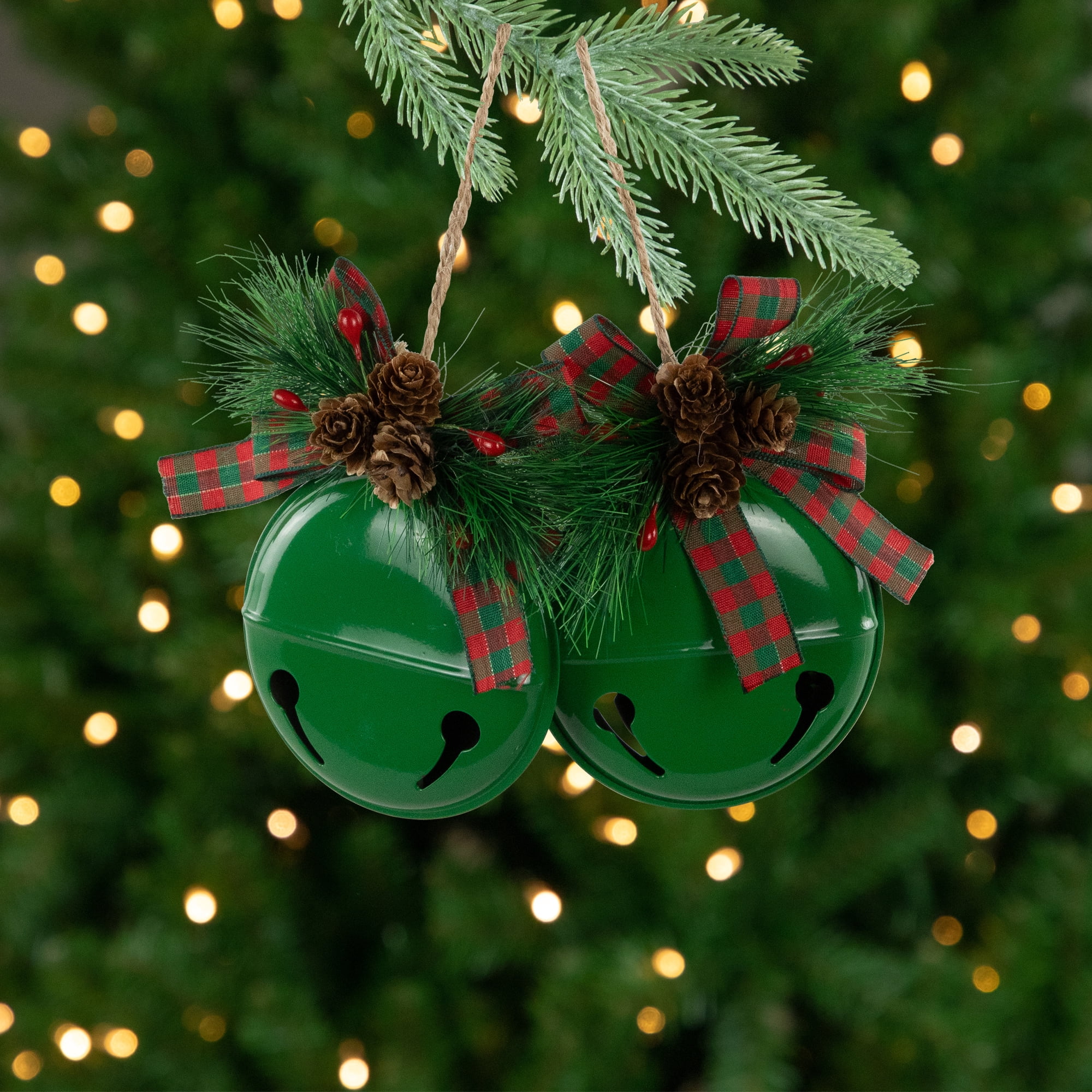 Northlight Jingle Bells with Pinecone Bows Disc Christmas Ornaments - 5" - Green - Set of 2