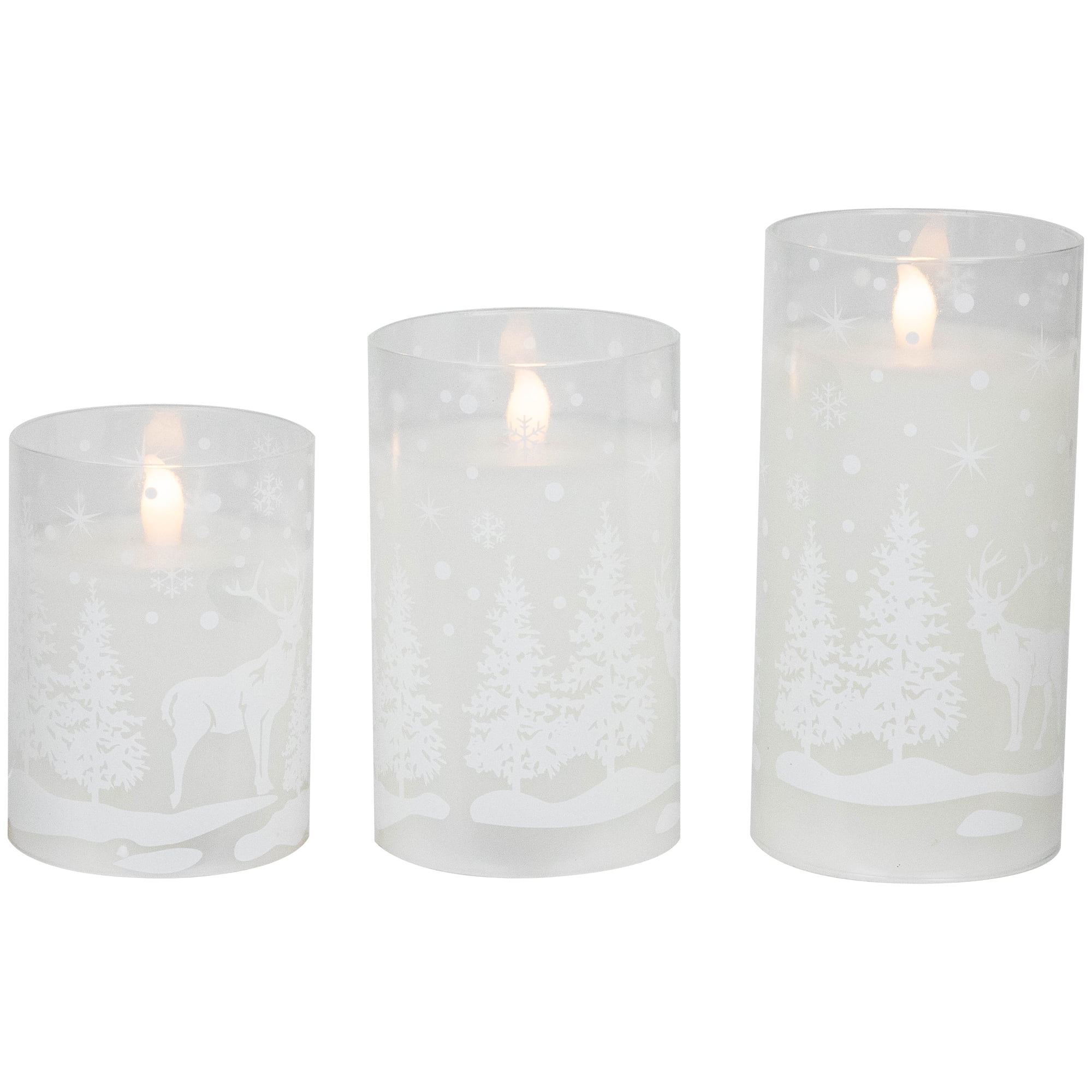 Northlight LED Flameless Flickering Snowy Woodland Glass Christmas Pillar Candles - 6" - Set of 3