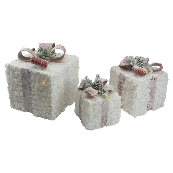 Northlight LED Flocked Rattan Christmas Gift Boxes with Pinecones - 10" - Set of 3