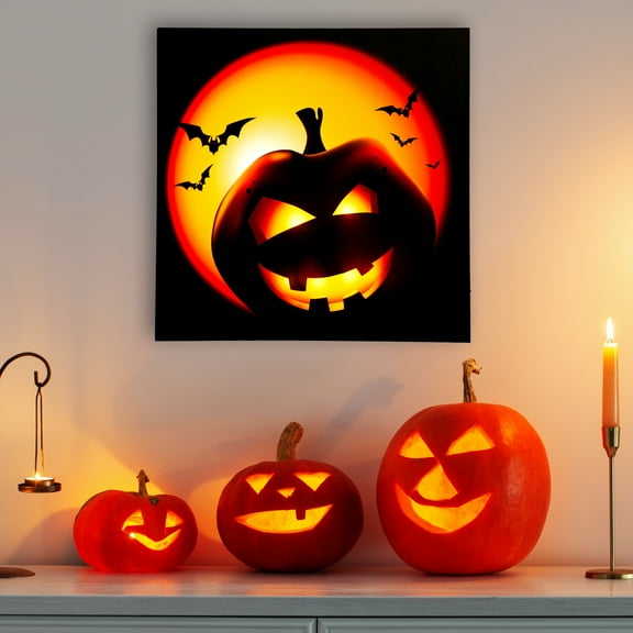 Northlight LED Lighted Bats and Jack-O-Lantern Halloween Canvas Wall Art - 19.5" x 19.5"