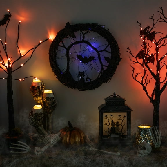 Northlight LED Lighted Black Twig and Bats Small Halloween Wreath - 13" - Purple Lights