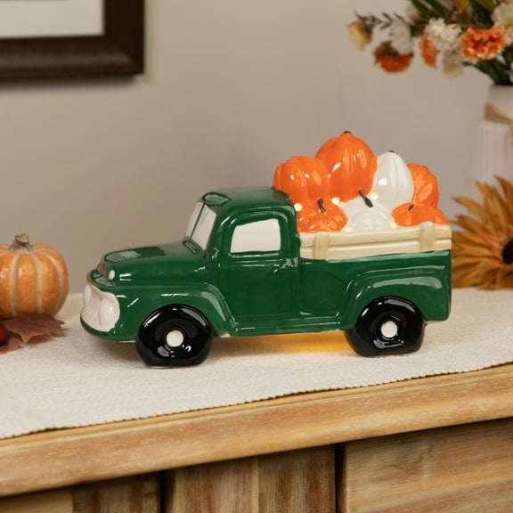 Northlight LED Lighted Ceramic Truck Hauling Pumpkins Fall Harvest Decoration - 9.5" - Green