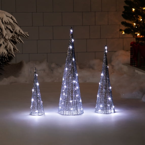 Northlight LED Lighted Glittered Outdoor Christmas Cone Tree - 23.75" - Silver - Set of 3