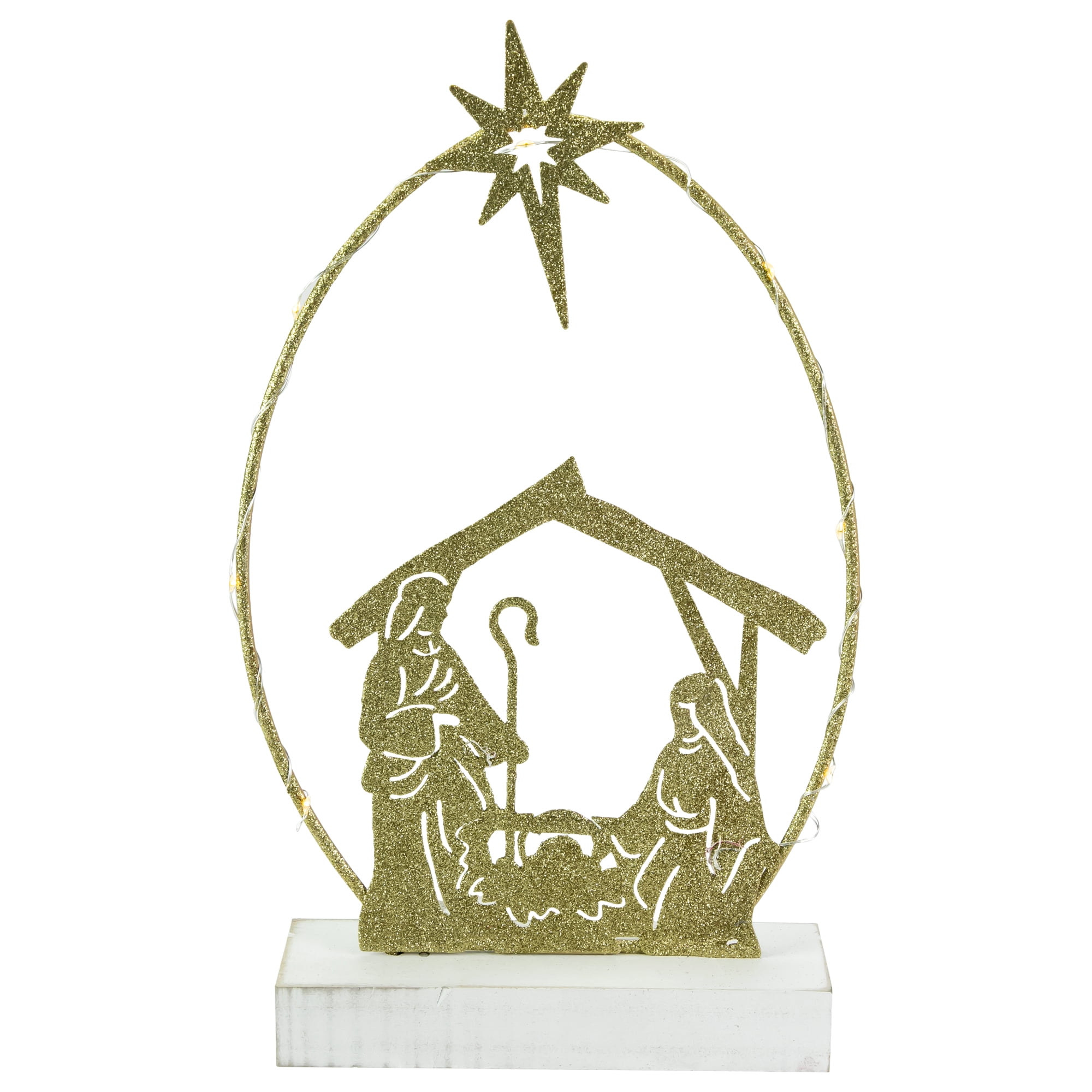Golden Glitter LED Lighted Holy Family Nativity Scene Decoration, 14"
