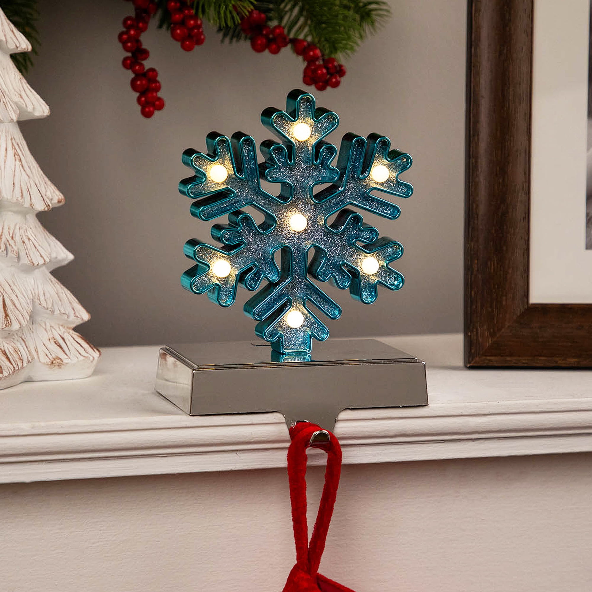 Northlight LED Lighted Glittered Snowflake Christmas Stocking Holder - 6.5" - Blue