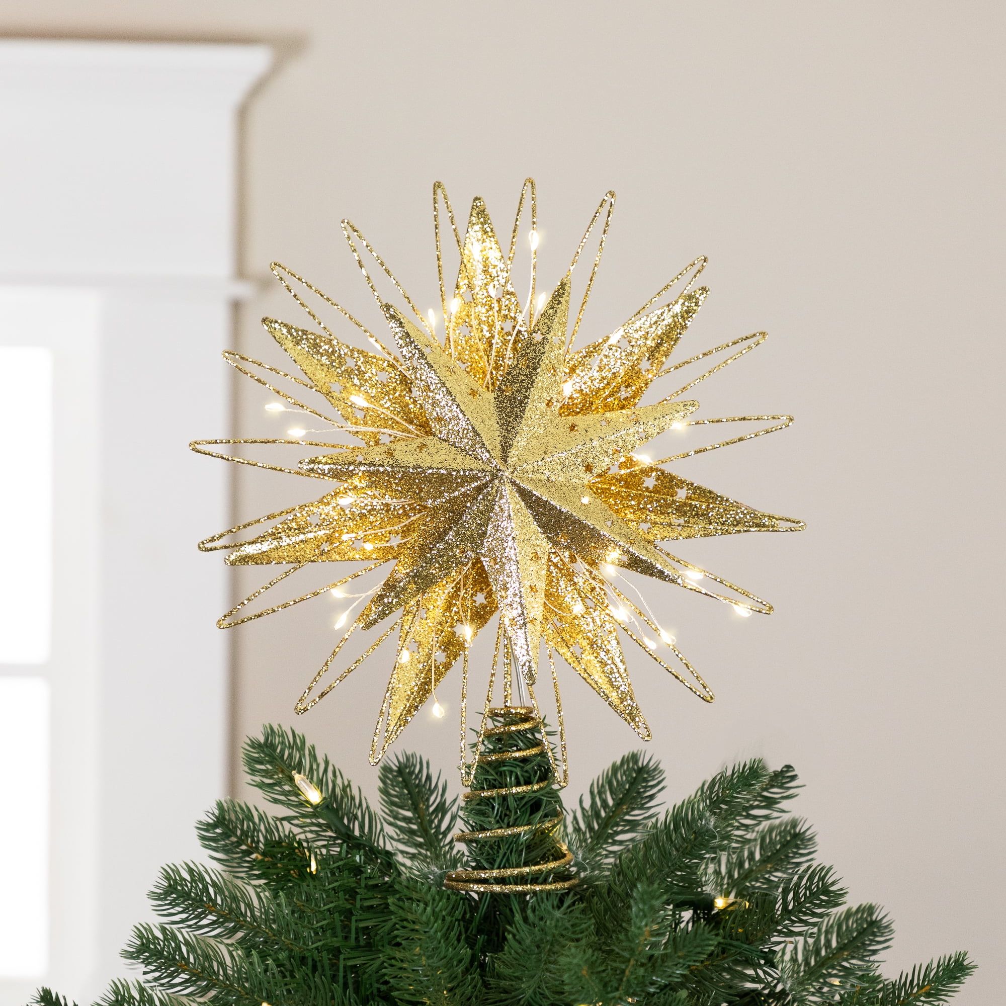 Northlight LED Lighted Glittered Starburst Christmas Tree Topper - 13" - Gold - White Lights