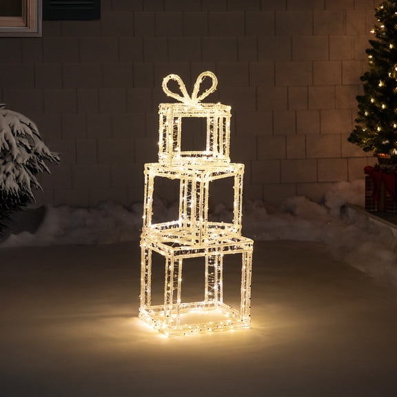 Northlight LED Lighted Icy Gift Box Tower Christmas Yard Decoration - 34" - Warm White Lights