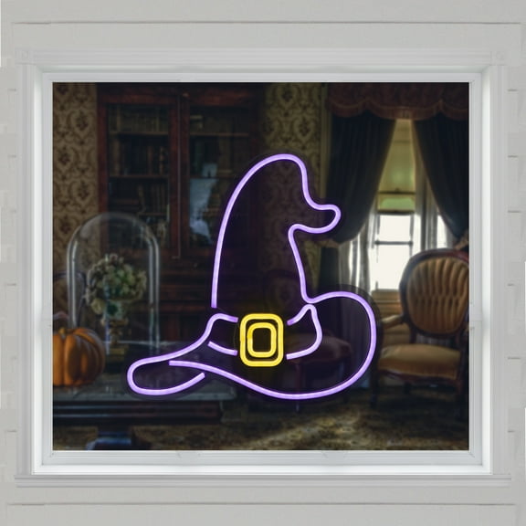 Northlight LED Witch Hat Neon Lighted Halloween Wall or Window Decoration - 15" - Purple