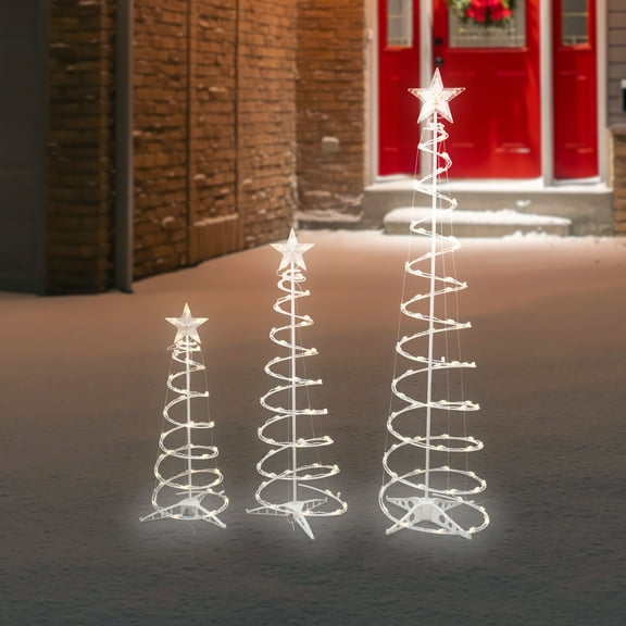 Northlight LED Lighted Outdoor Spiral Christmas Cone Trees 3' 4' and 6' - Cool White Lights - Set of