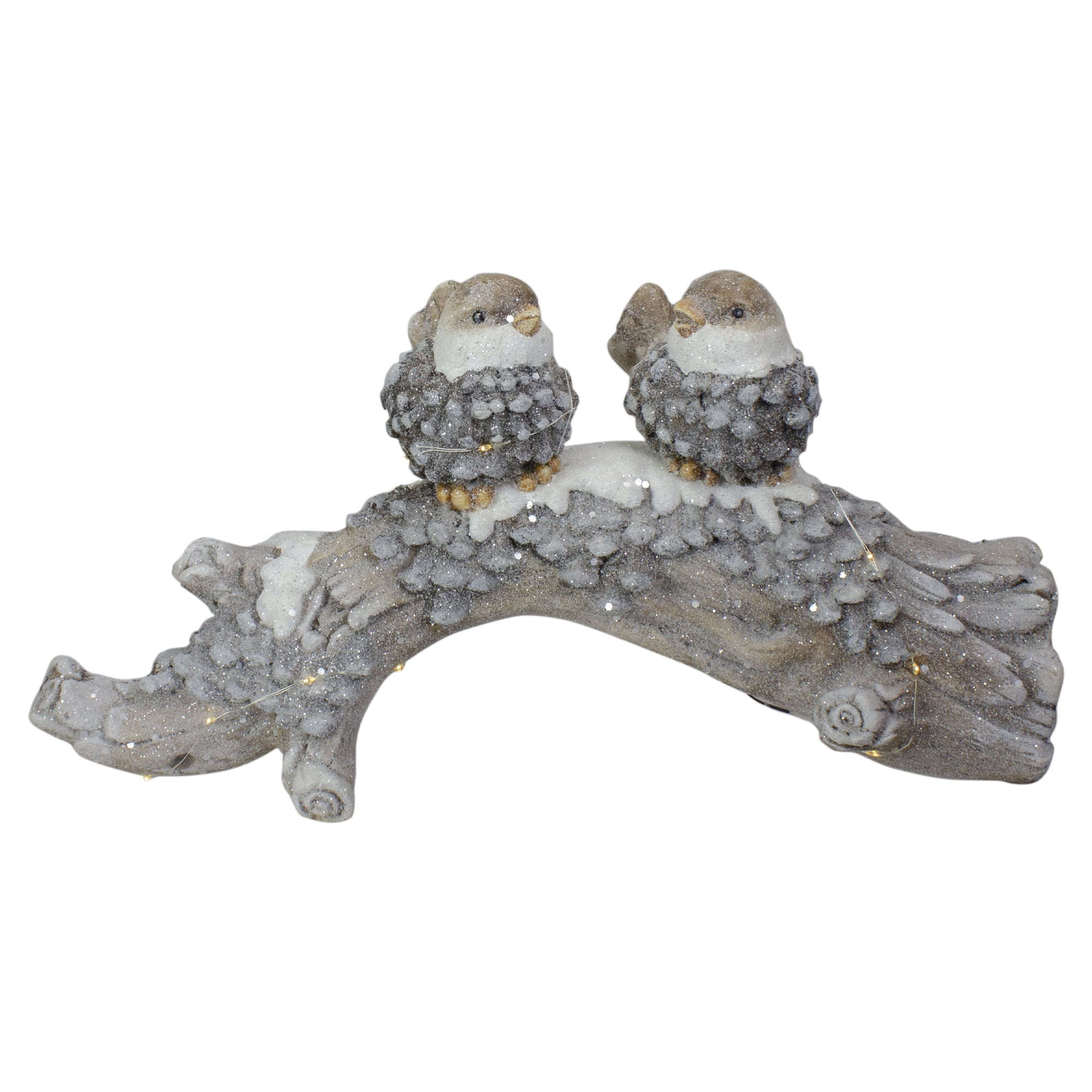Rustic Gray Ceramic Birds on Snowy Log Holiday Decoration