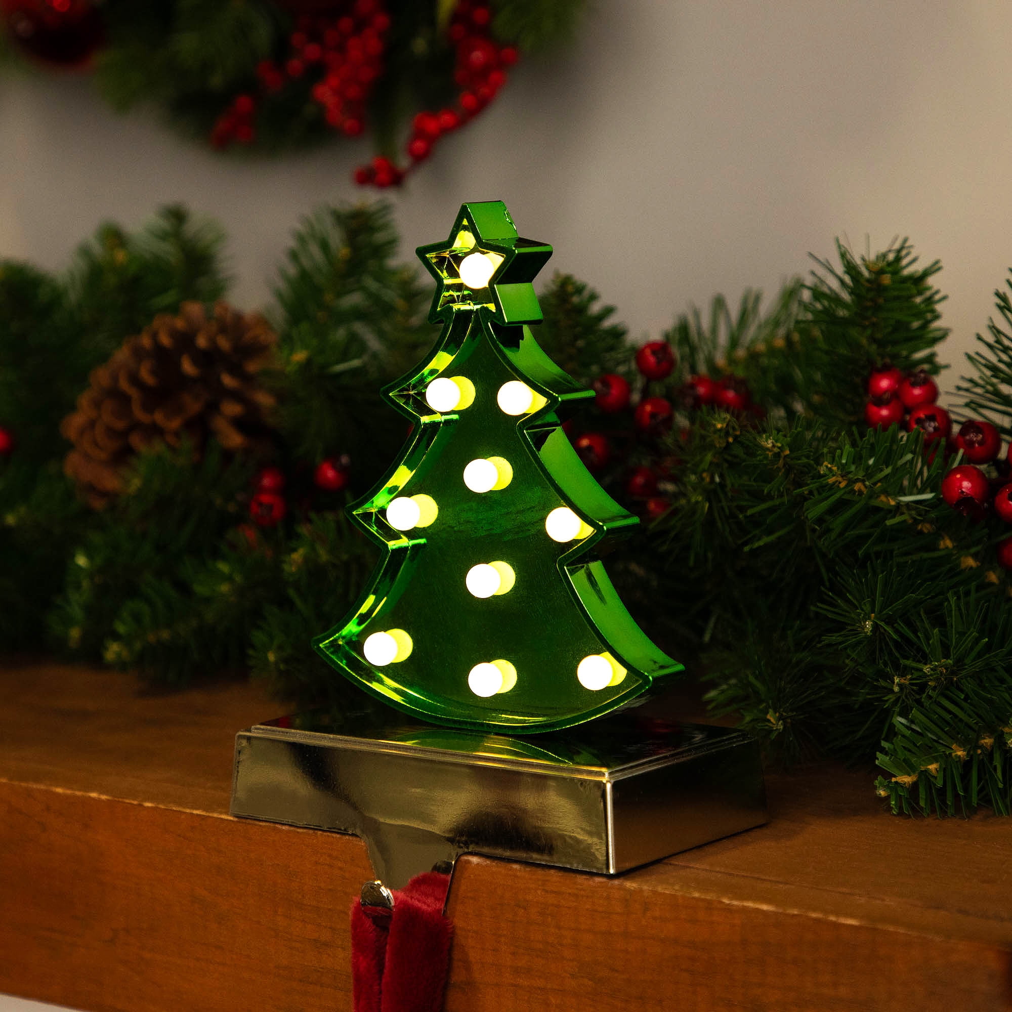 Northlight LED Lighted Shiny Christmas Tree Stocking Holder - 7" - Silver and Green
