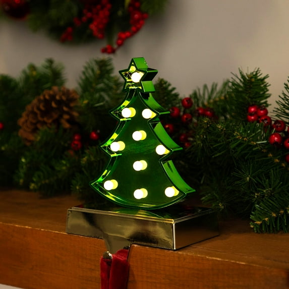 Northlight LED Lighted Shiny Christmas Tree Stocking Holder - 7" - Silver and Green