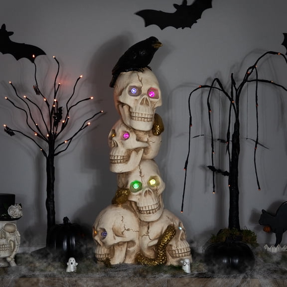 Northlight LED Lighted Skull Tower with Raven and Snake Halloween Decoration - 27.5" - Multicolor