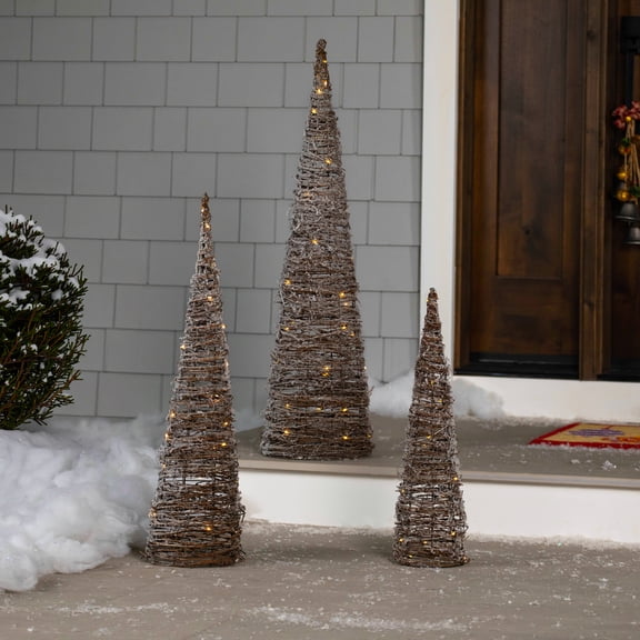 Northlight LED Lighted Snowy Rattan Christmas Cone Tree Decorations - 3.25' - Set of 3