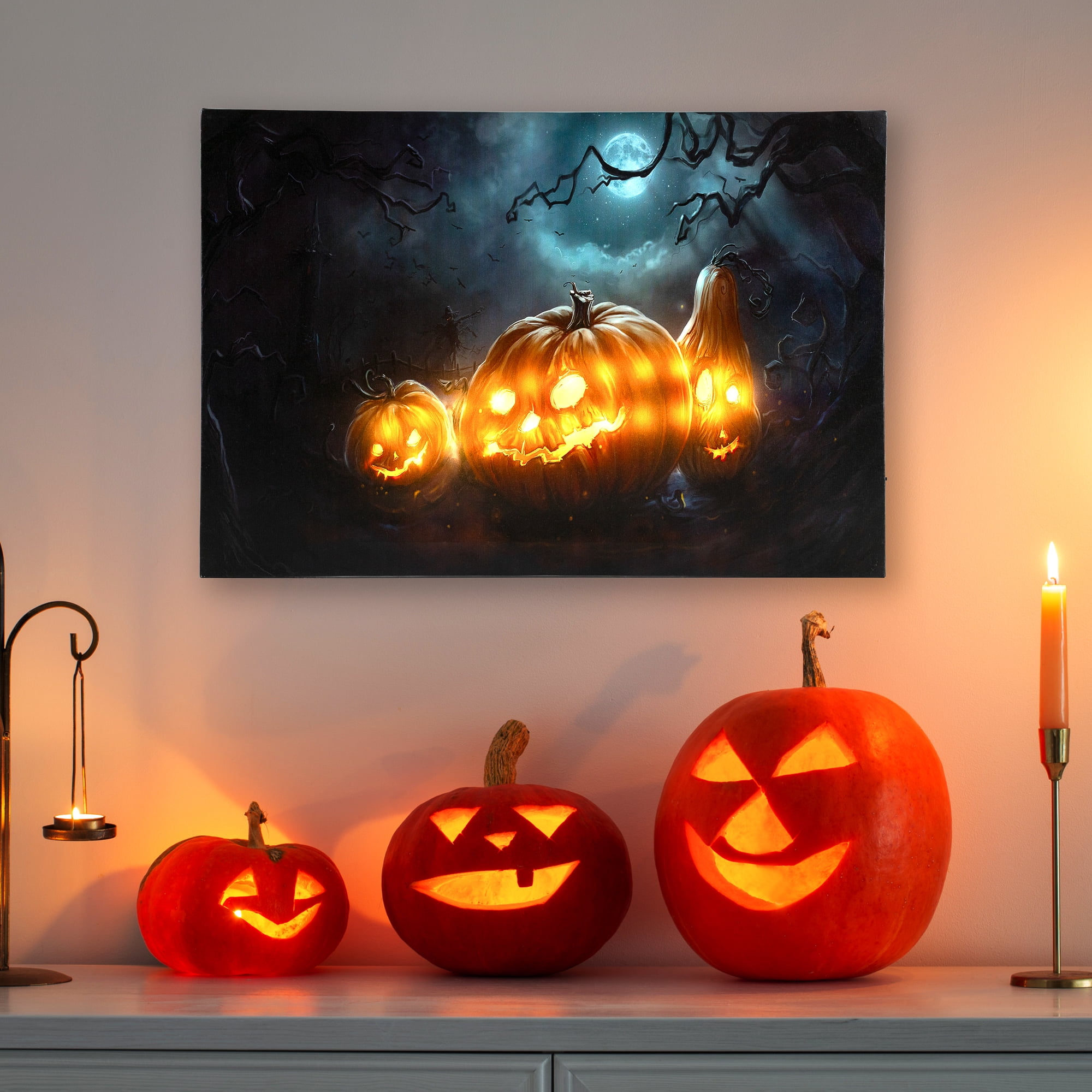 Northlight LED Lighted Halloween Jack-O-Lanterns Decor, Canvas Wall Art ...