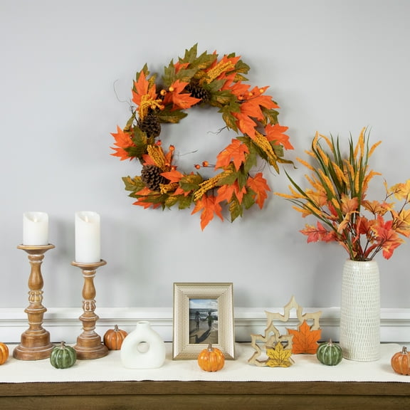 Northlight Maple Leaves Pinecones and Berries Artificial Fall Harvest Wreath - 24"