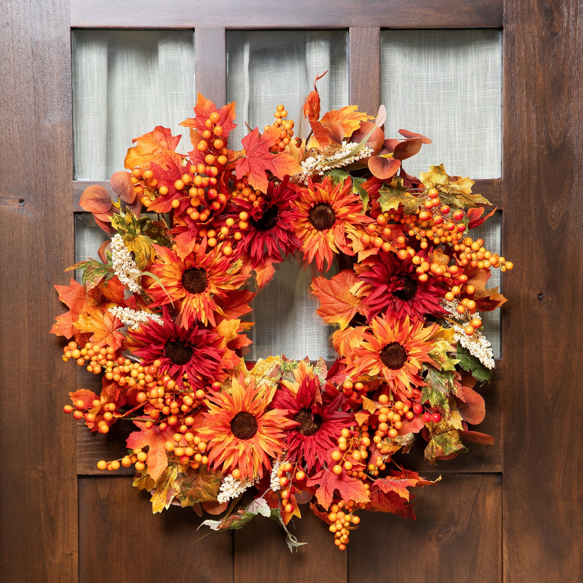 Northlight Mums and Berries with Fiery Foliage Fall Harvest Wreath - 24 ...