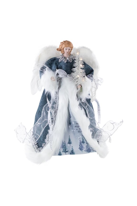 Lighted Angel with Faux Fur Wings Christmas Tree Topper - 14" - Blue and White