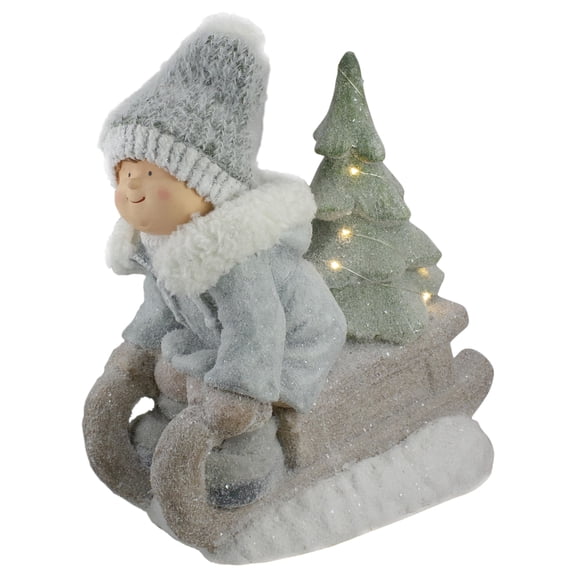 Northlight Lighted Boy on a Sled with Tree Christmas Decoration - 15" - Warm White Lights