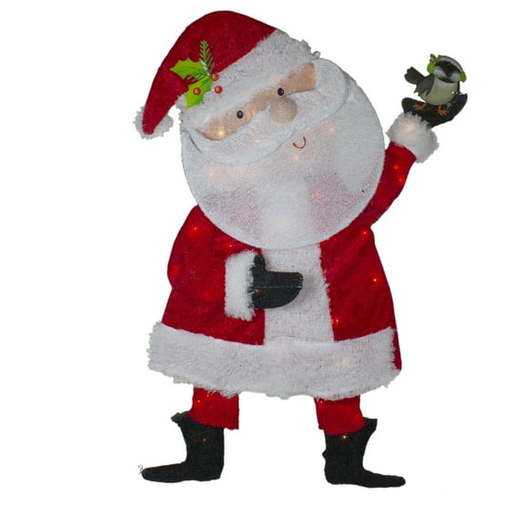 Northlight Lighted Chenille Santa with Bird Outdoor Christmas Decoration - 32" - White Lights