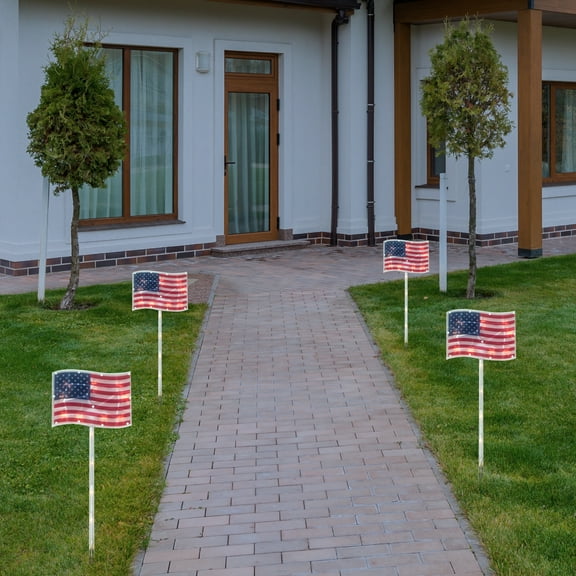 Lighted Patriotic Flags Pathway Marker Lawn Stakes - 6' - Clear Lights - 4ct