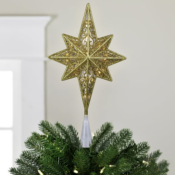 Northlight Lighted Frosted Clear and Gold Scroll Star of Bethlehem Christmas Tree Topper - 11" -