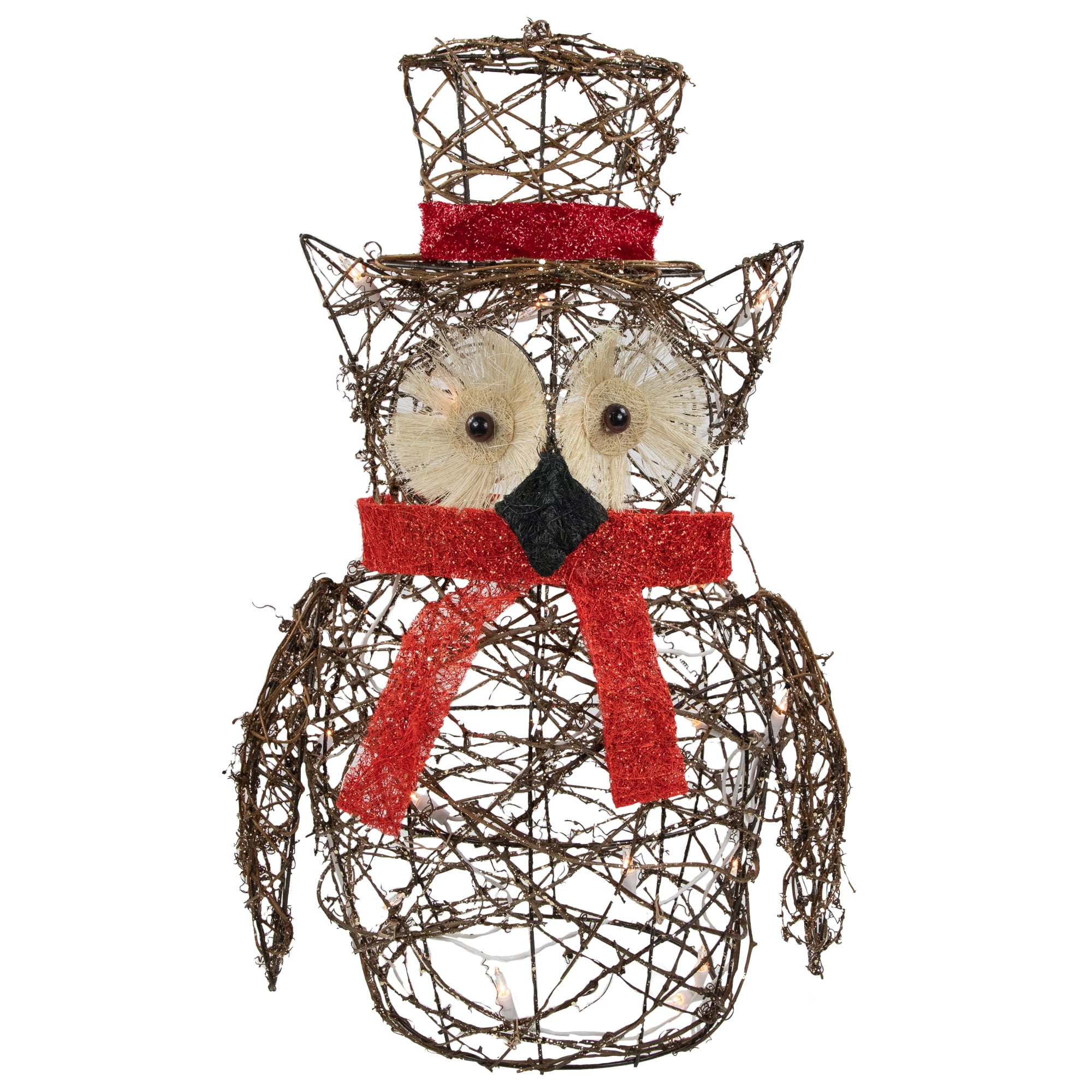 21" Lighted Glitter Rattan Owl with Red Scarf and Top Hat