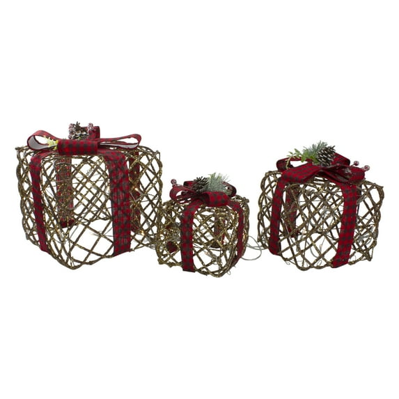 Northlight Lighted Rattan Christmas Gift Boxes with Pinecones - LED Warm White - Set of 3