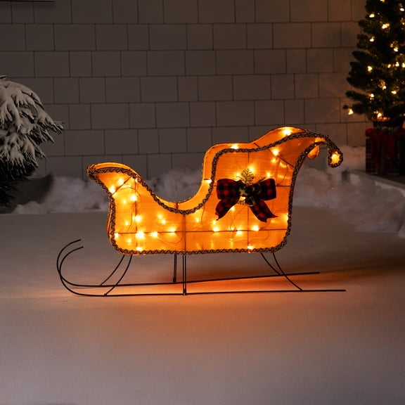 Northlight Lighted Sleigh with Plaid Bow Outdoor Christmas Decoration - 36" - Clear Lights