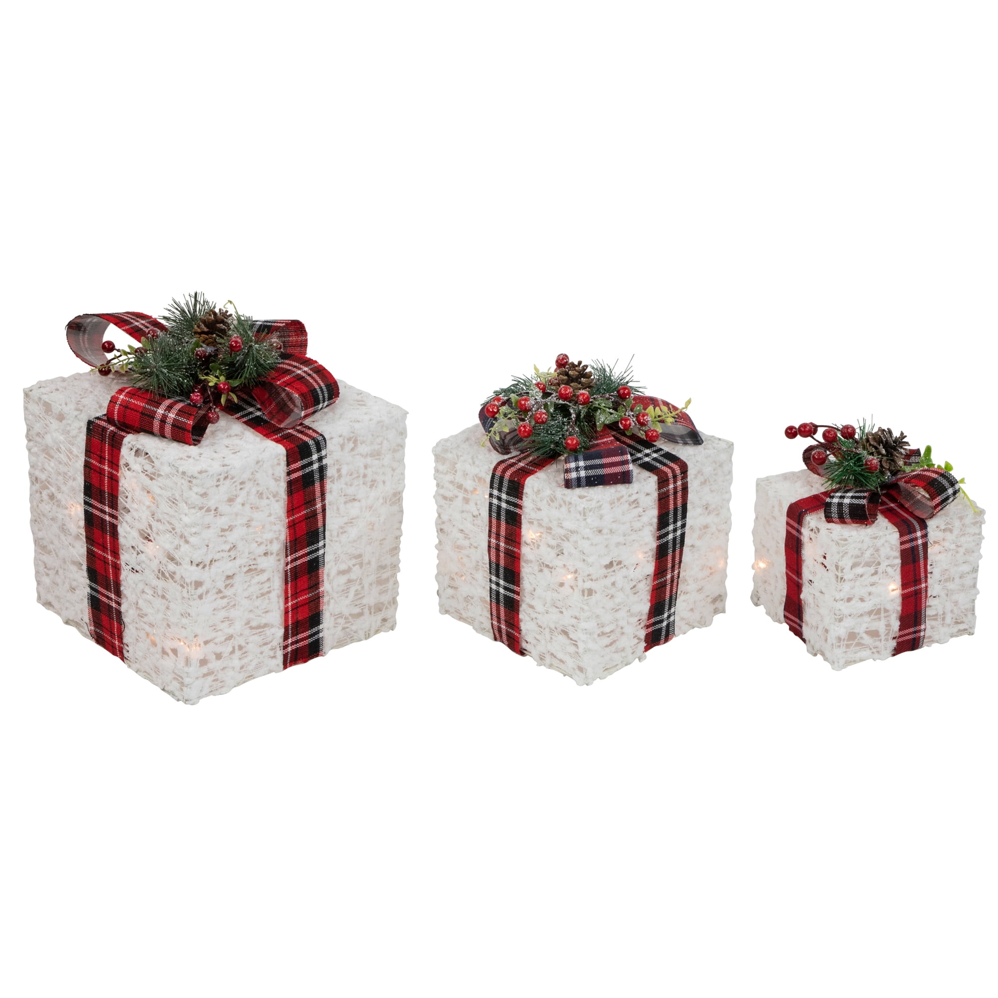 Set of 3 Lighted White and Red Plaid Christmas Gift Boxes