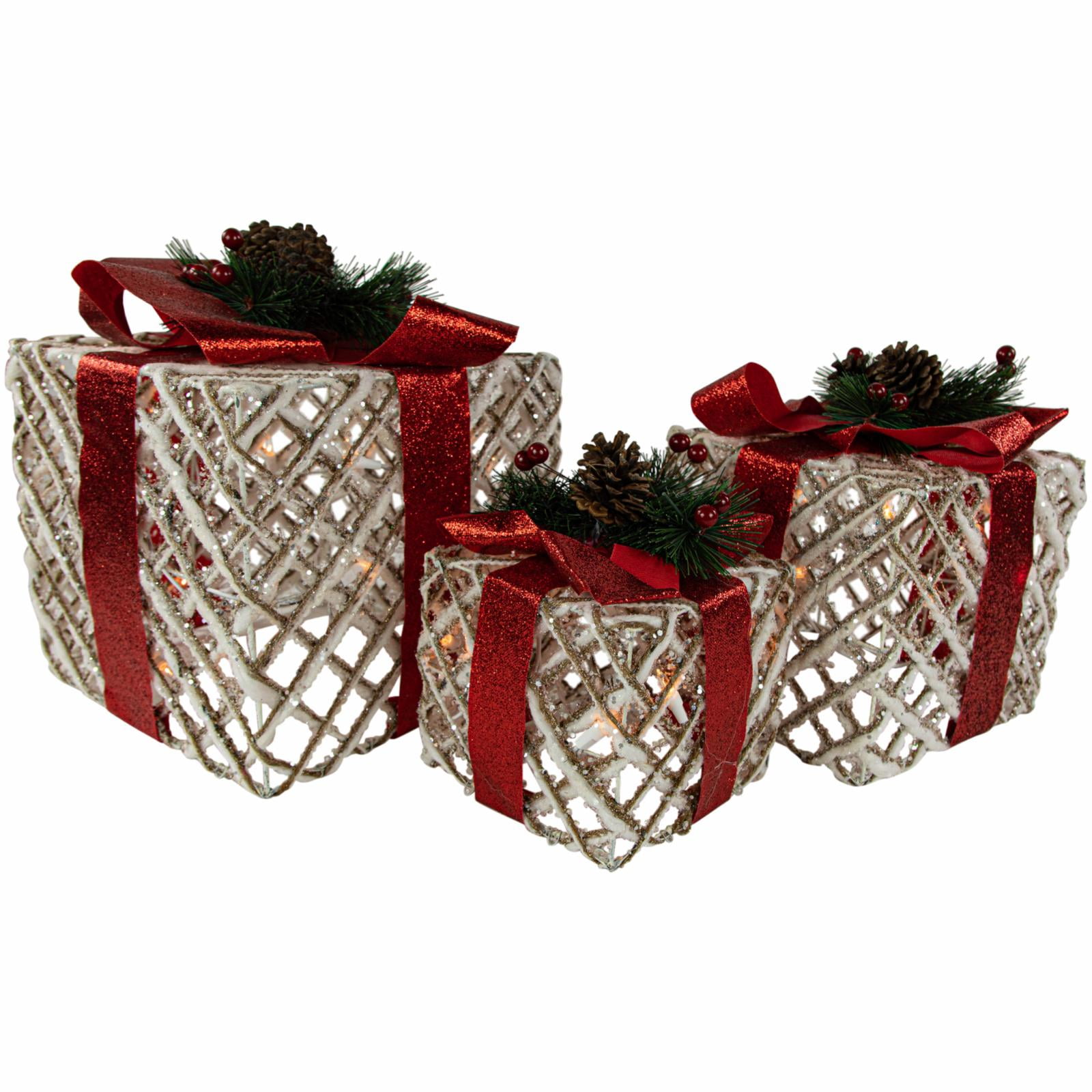 Set of Three Lighted White Glitter Christmas Gift Boxes