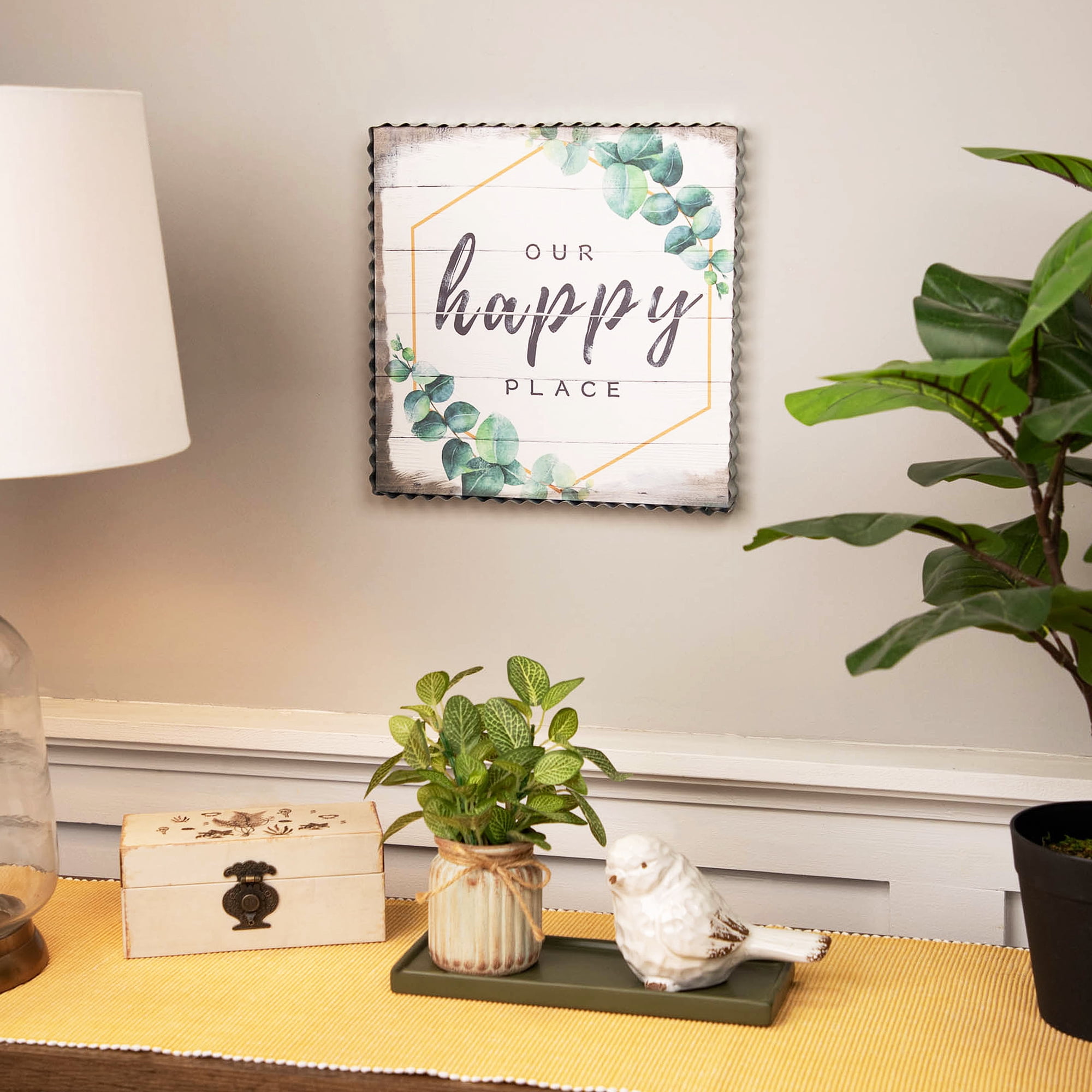 Northlight Our Happy Place Metal Framed Canvas Wall Sign - 12" x 12" - White and Green