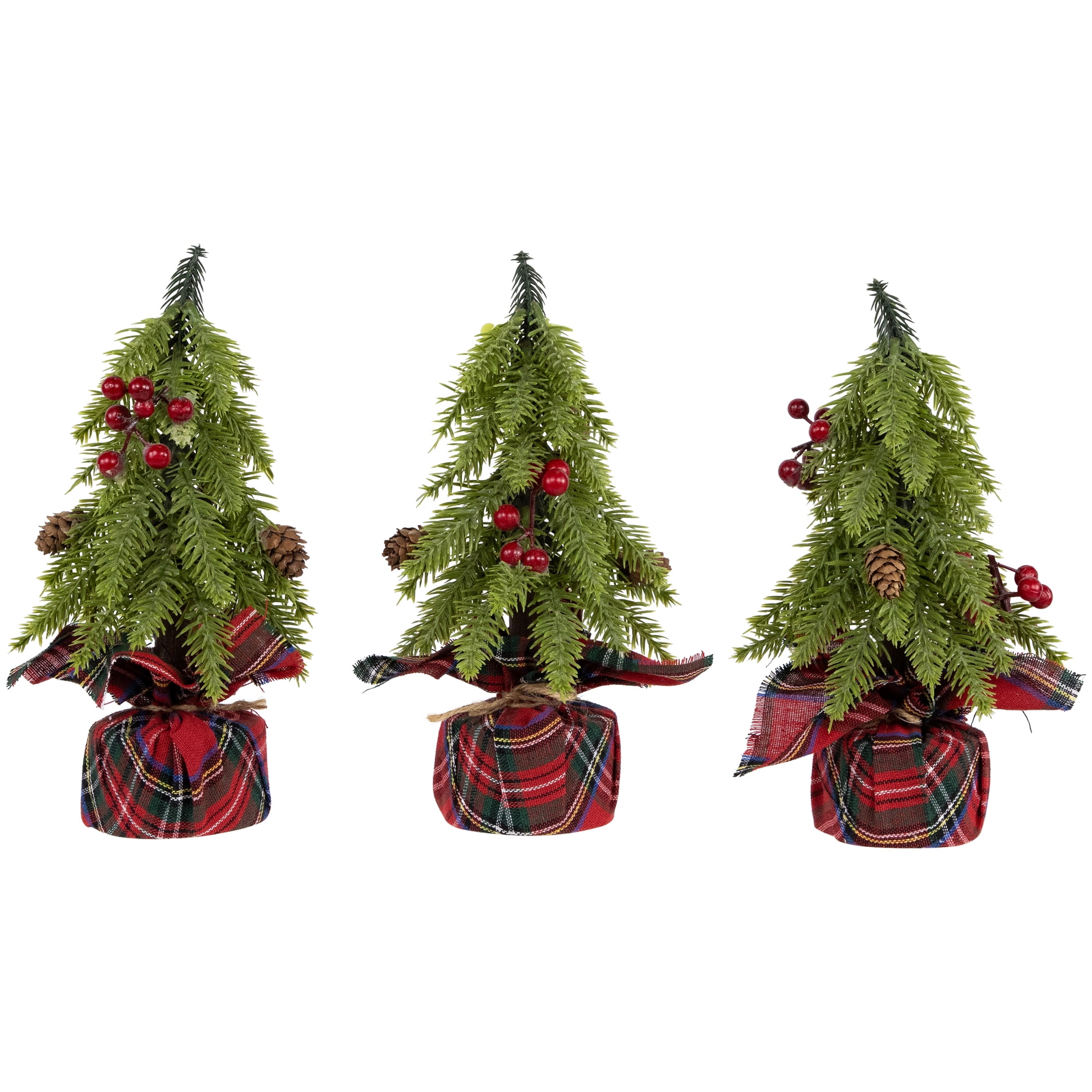 Mini Pine Artificial Christmas Trees with Pine Cones and Red Berries - Set of 3