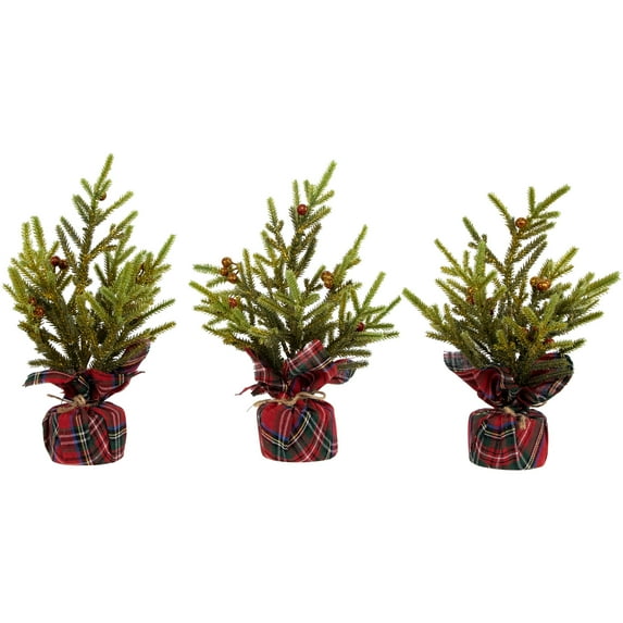 Northlight Mini Glittered Pine with Berries Artificial Christmas Trees - 9" - Set of 3