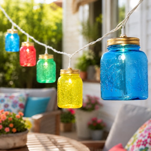 Northlight Mini Mason Jar Indoor Outdoor Patio Light Set - Multi-Color - 7.5' White Wire - 10ct
