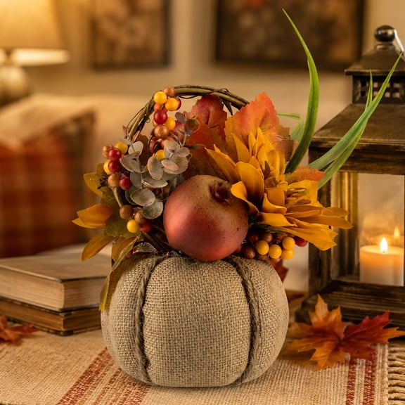 Northlight Mixed Autumn Harvest Flora in a Pumpkin Basket Decoration - 9"