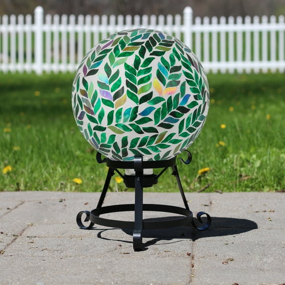 Northlight Mosaic Iridescent Leaves Outdoor Garden Gazing Ball - 10" - White and Green