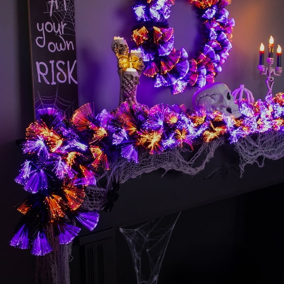 Northlight Multi Function Fiber Optic Artificial Halloween Garland -  6' x 6" - Black - Purple and