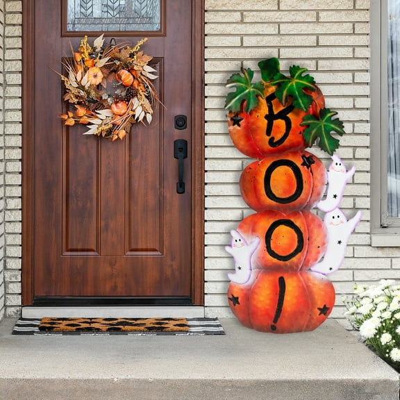 Northlight Stacked Boo Pumpkins with Ghosts Metal Halloween Porch Sign - 33"