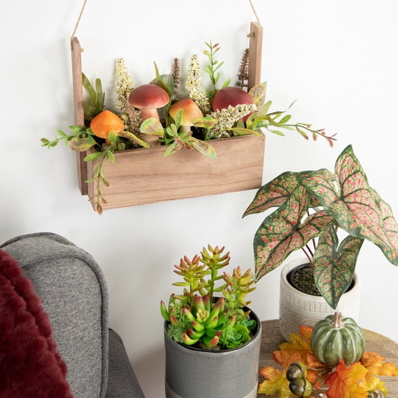 Northlight Mushroom and Fall Foliage Hanging Wooden Basket - 19"