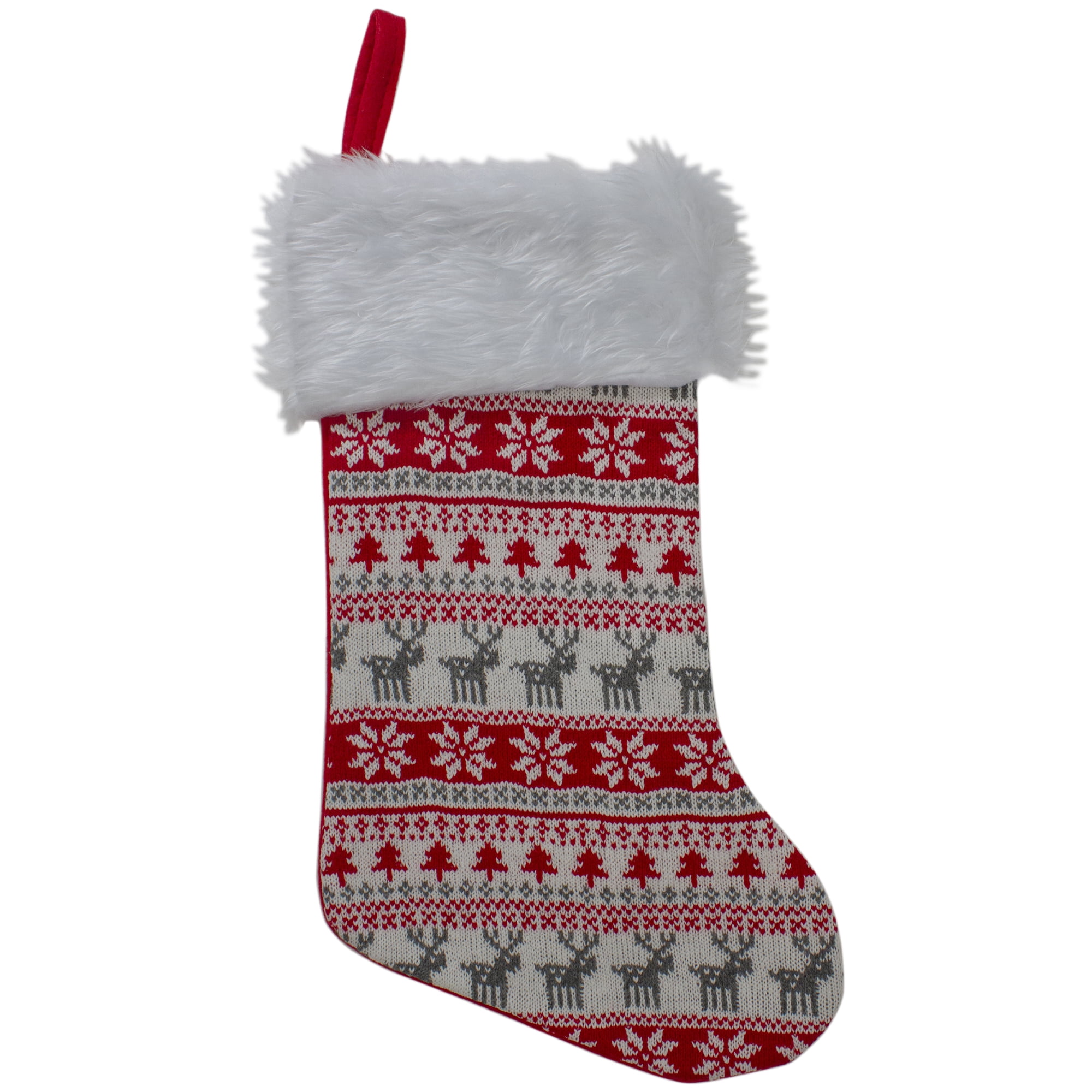 Nordic Red and White Knit Christmas Stocking with Faux Fur Cuff
