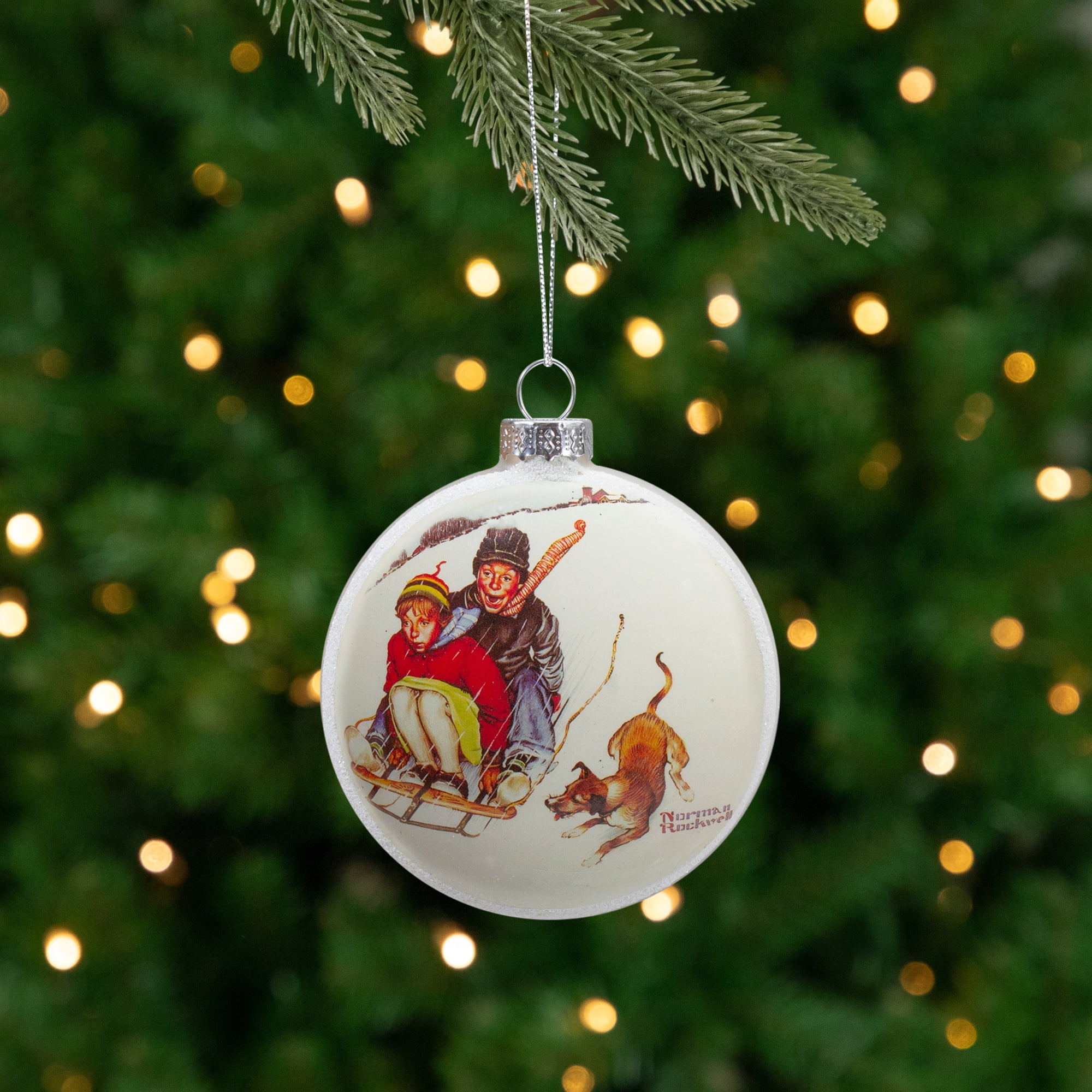 Northlight Norman Rockwell 'Young Love: Sledding' Glass Disc Christmas Ornament - 3"