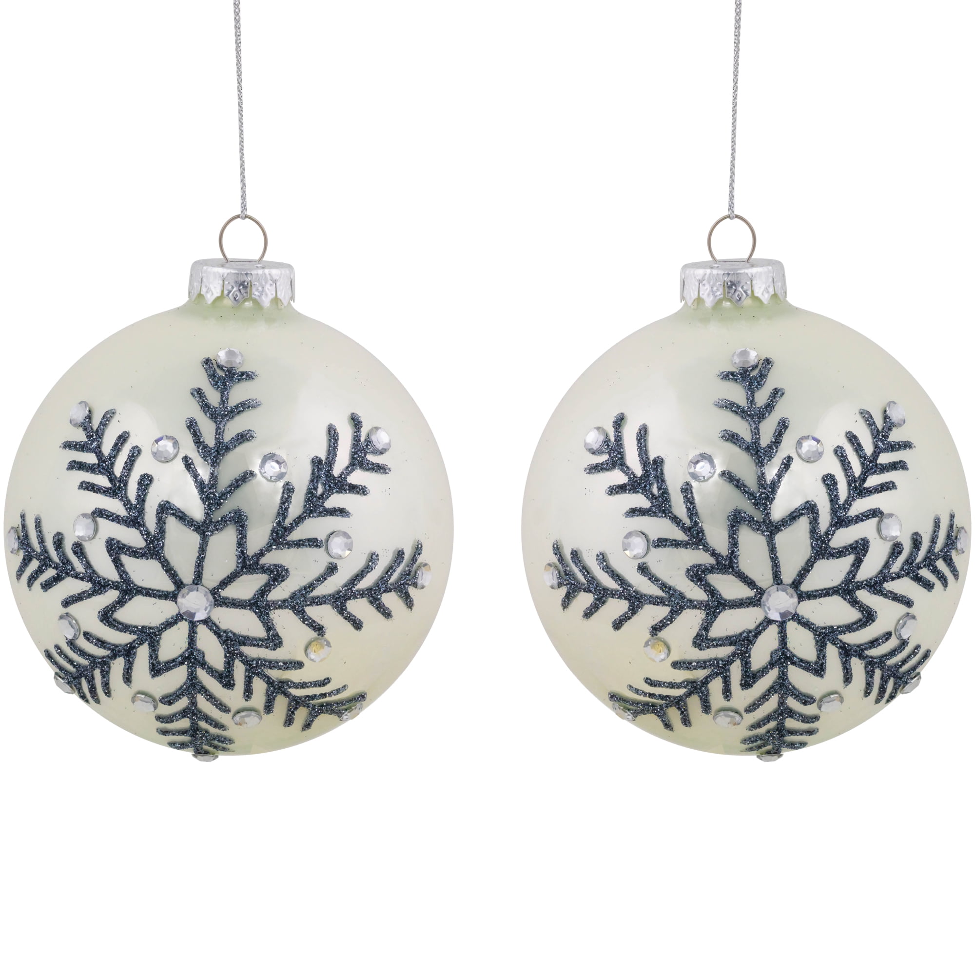 Northlight Glittered Snowflake Shiny Christmas Glass Ball Ornaments - 4" - White - Set of 2