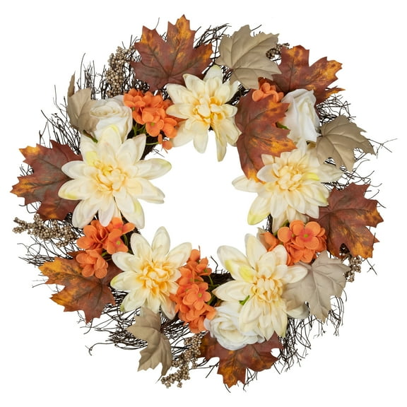 Northlight Dahlias, Maple Leaves and Berries Artificial Fall Harvest Floral Twig Wreath - 22"