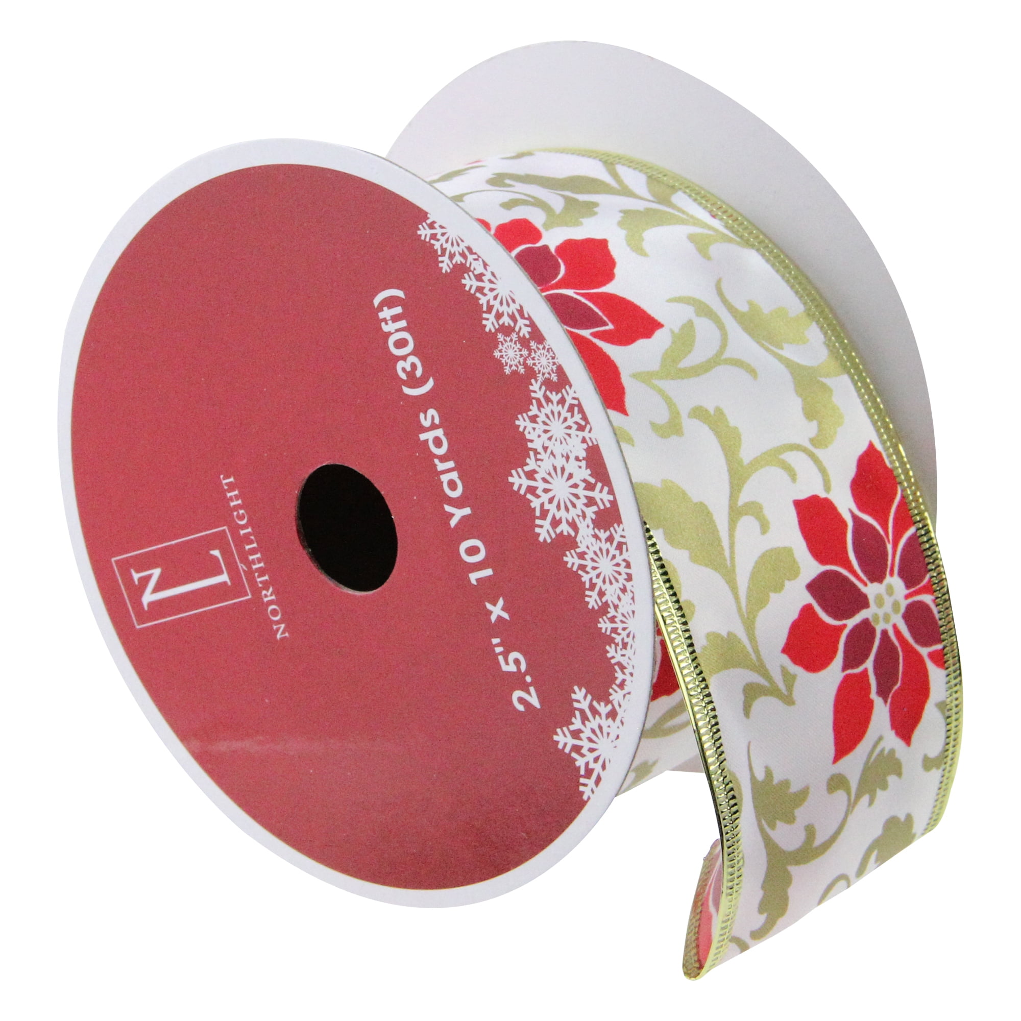 Northlight Pack of 12 Red Poinsettia Print Gold Wired Christmas Craft Ribbon Spools - 2.5 x 120