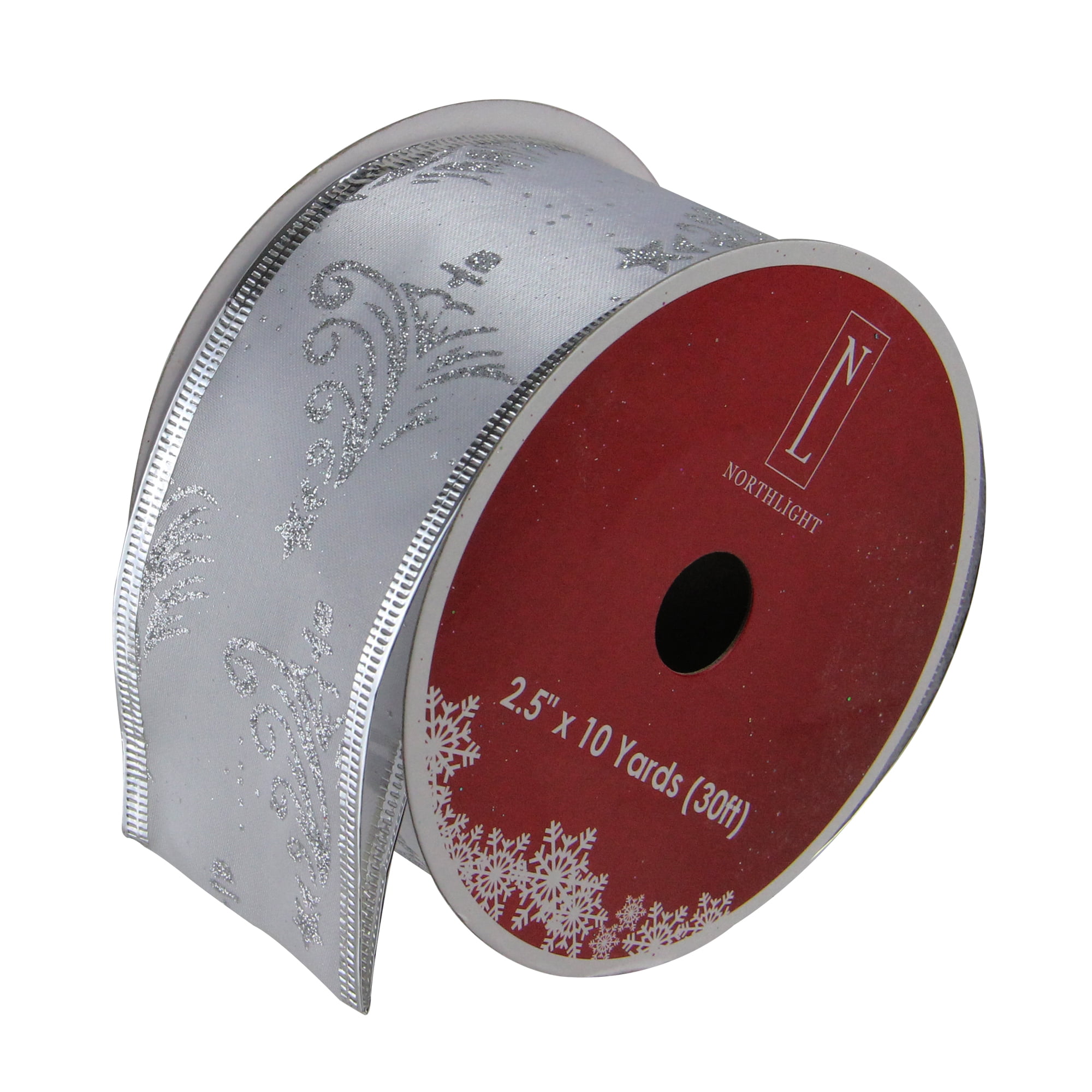 Northlight Pack of 12 Silver Glittering Trees Powder Blue Wired Christmas Craft Ribbon 2.5" x 120