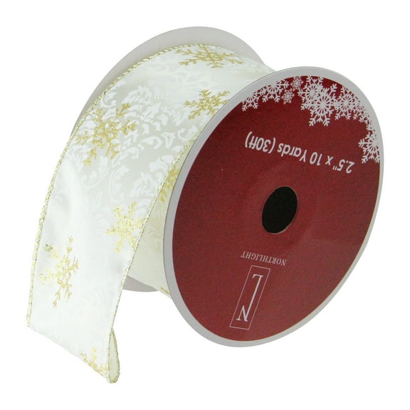Northlight Pack of 12 White and Sparkling Gold Snowflakes Wired Christmas Craft Ribbon 2.5" x 120