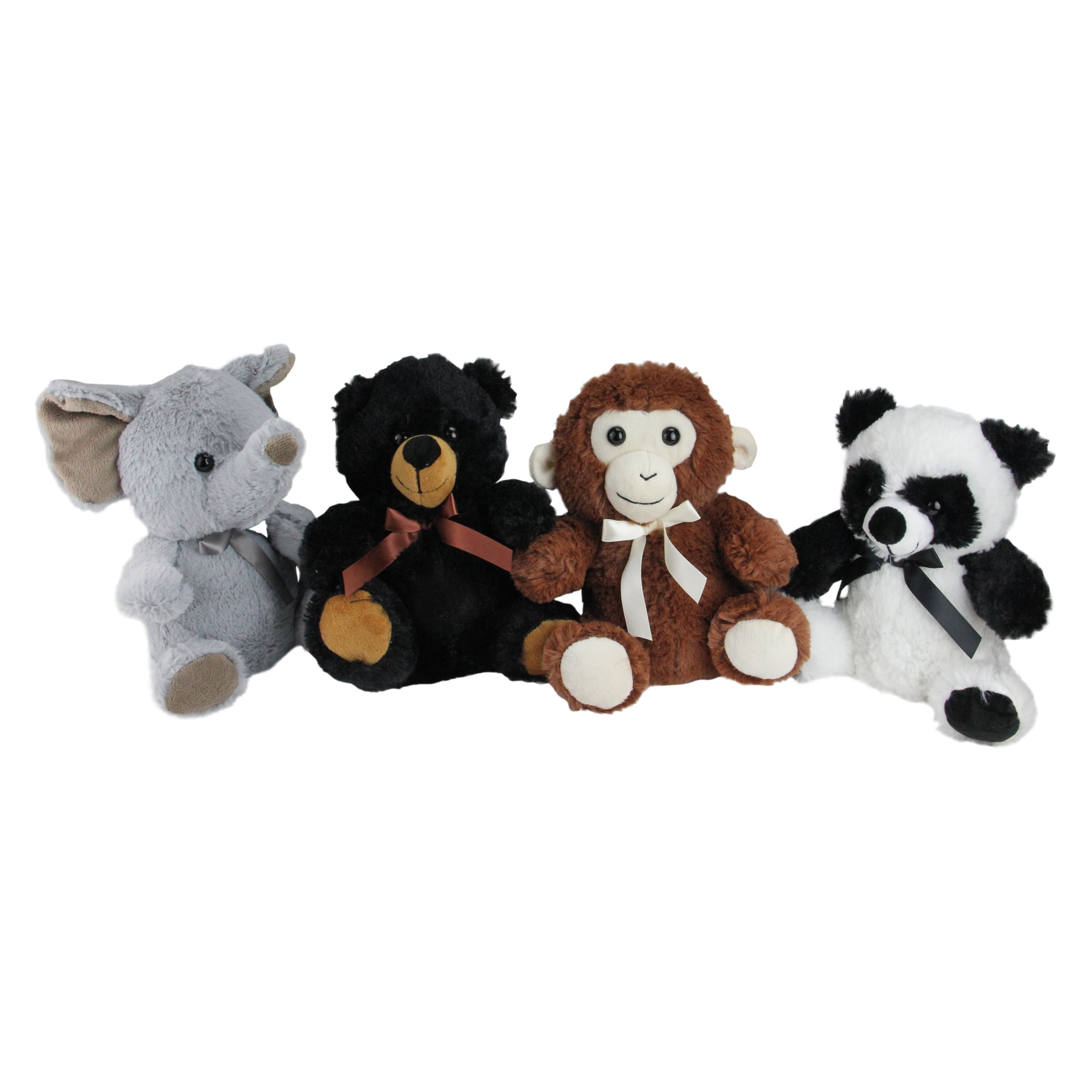 Northlight Deluxe Plush 9" Animal Set Bear, Elephant, Panda & Monkey with Satin Bows