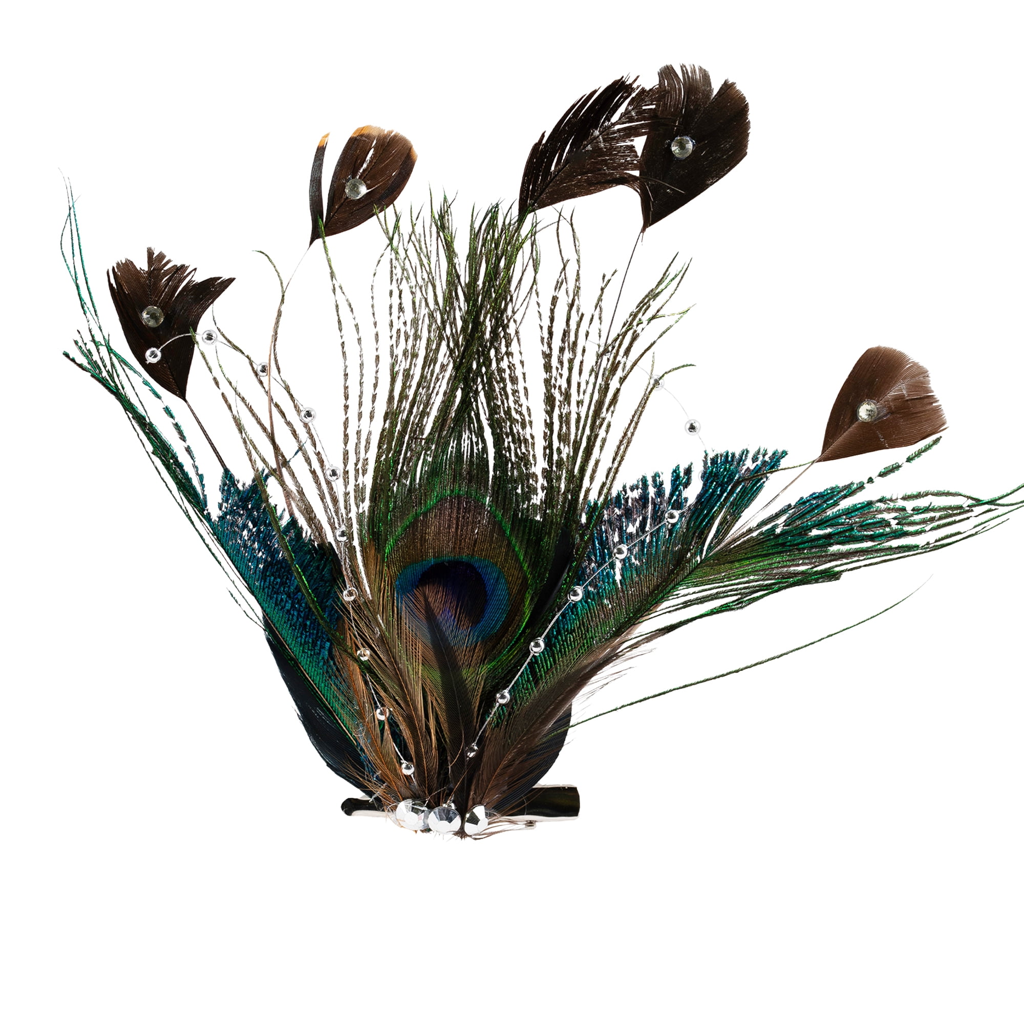 Peacock Feather Clip-On Ornament with Faux Crystals and Beads